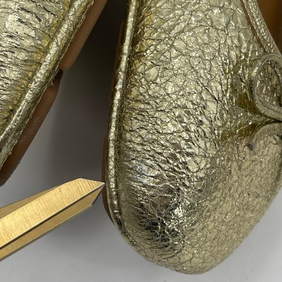 TORY BURCH Laila 2 Driver 7.5 Flats Crinkle Sparkle Gold Shoes Bow Leather - Picture 5 of 14